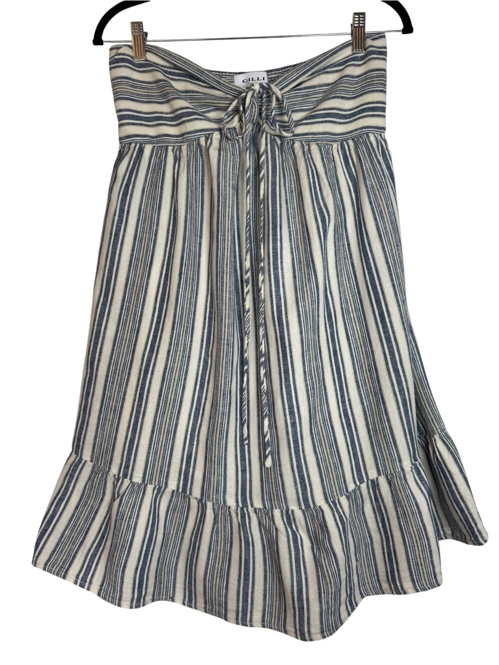 Gilli Blue and White Striped Linen Tie-Front or Around Neck Medium Mini Dress